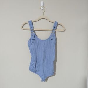 Blue Ribbed Body Suit With buckle straps Sz L